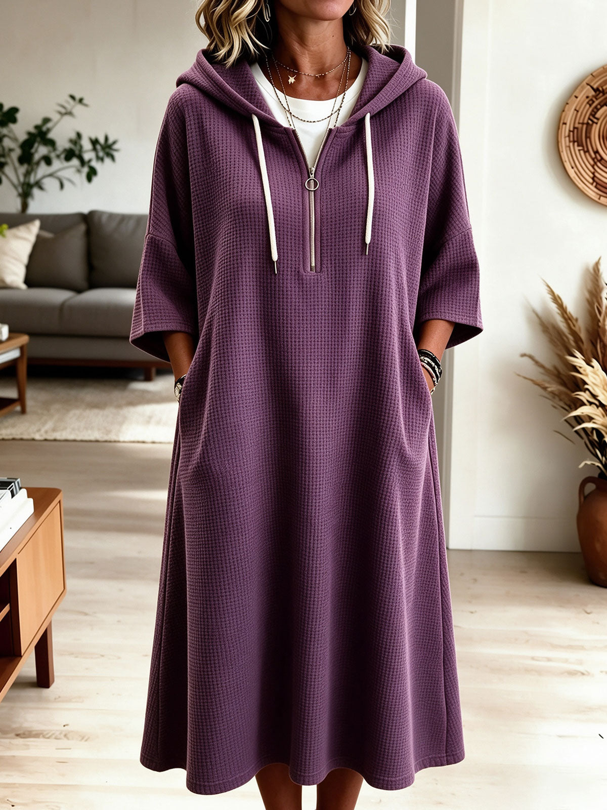 Women Purple Waffle Knit Half Zip Hooded Midi Dress With Pocket