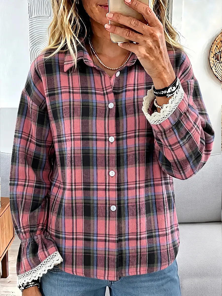 Vintage Elegant Plaid Patchwork Lace Cotton Shirt