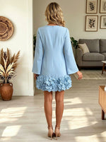 Women Round Neck Bell Sleeve Mini Dress 3D Floral Hem Party Shift Dress