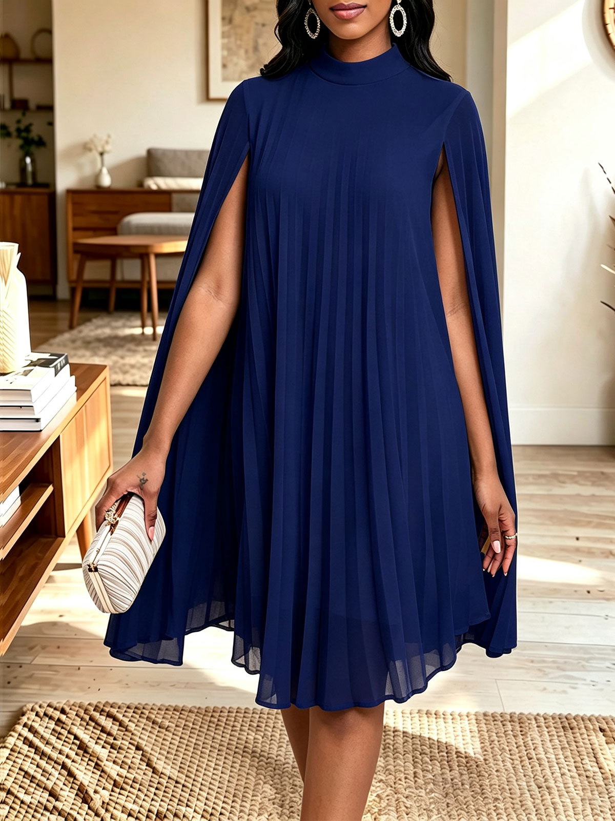 Women Mock Neck Cape Sleeve Pleated Chiffon Midi Party Dress