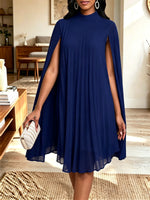 Women Mock Neck Cape Sleeve Pleated Chiffon Midi Party Dress