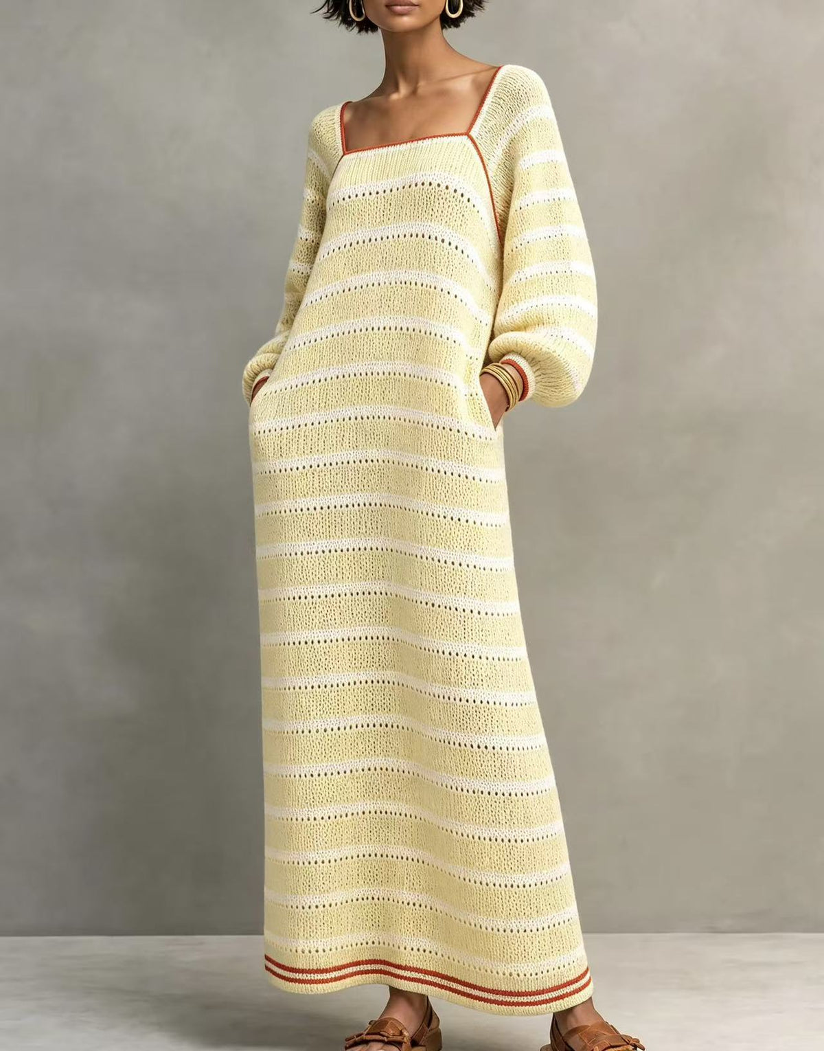 Women Square Neck Stripe Knit Long Sleeve Pocket Maxi Dress