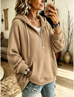 Women's Half Zip Hooded Sweatshirt, Ribbed Knit Oversized Hoodie With Kangaroo Pocket