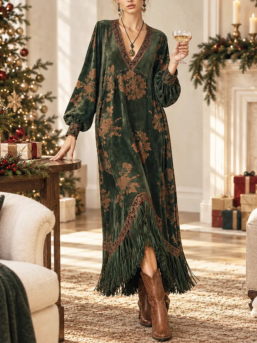 Vintage Floral Pattern Art Fringe Casual Stylish Long Sleeve Dress