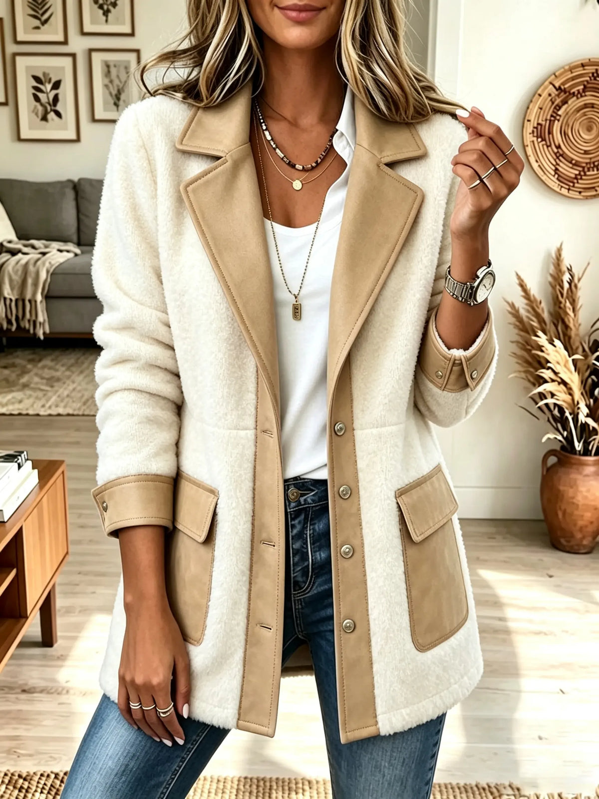Women's Denim Patchwork Sherpa Fleece Coat