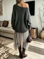 Women's Outfits Off Shoulder Oversized Irregular Ruffle Tulle Knit Sweater Dress