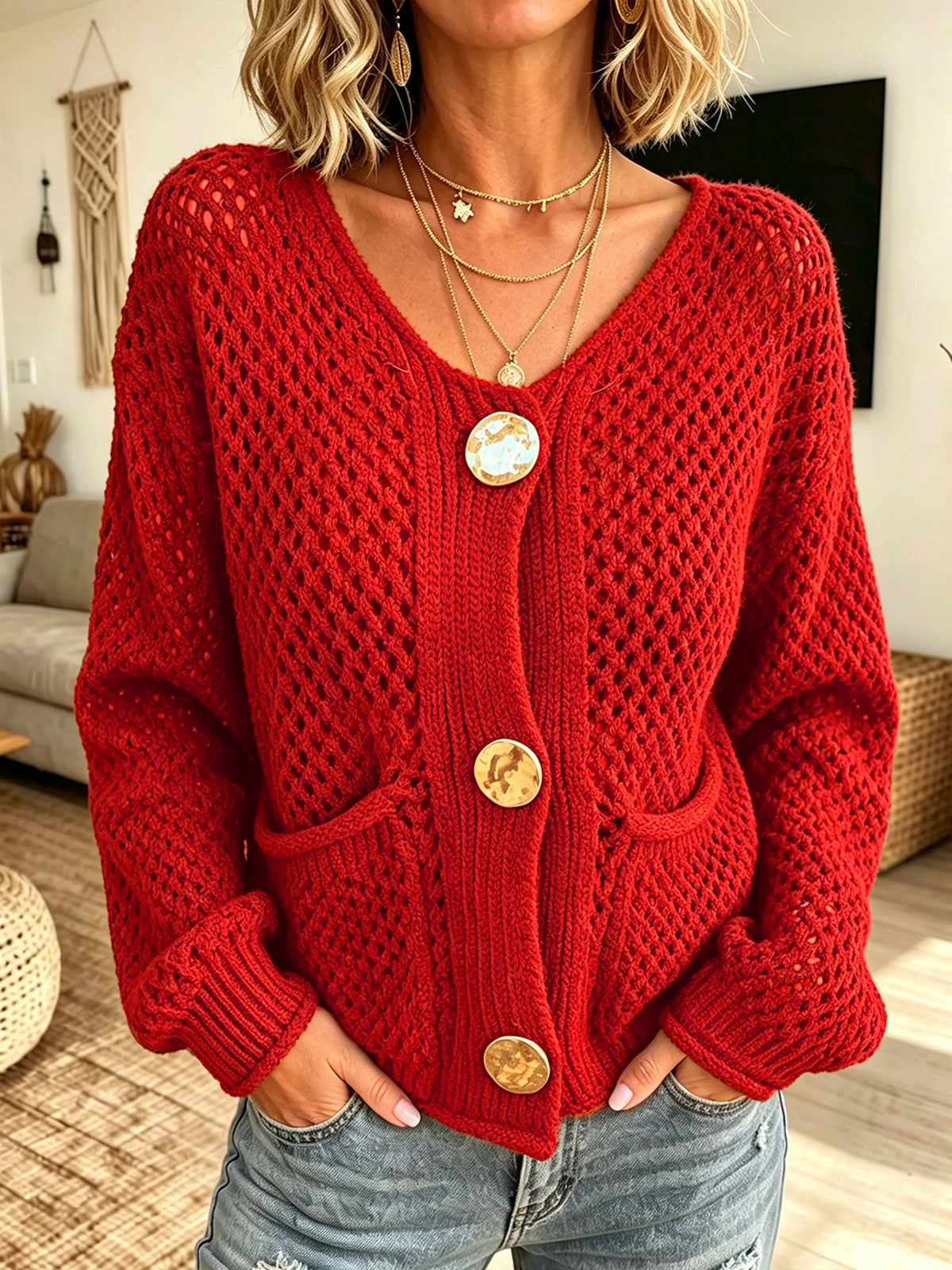 Women V‑Neck Hollow Knit Cardigan With Oversized Decorative Buttons & Pockets