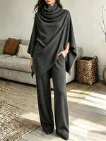 Vintage Elegant Fleece Turtleneck Cape And Cloak Two-piece Set With Wide-leg Pants