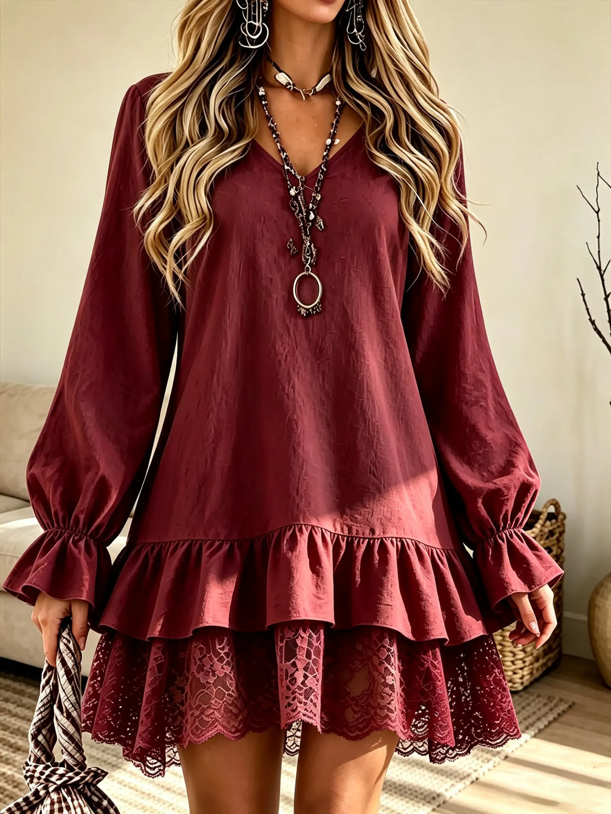 Women's Tiered Ruffle Lace Hem Babydoll Mini Dress