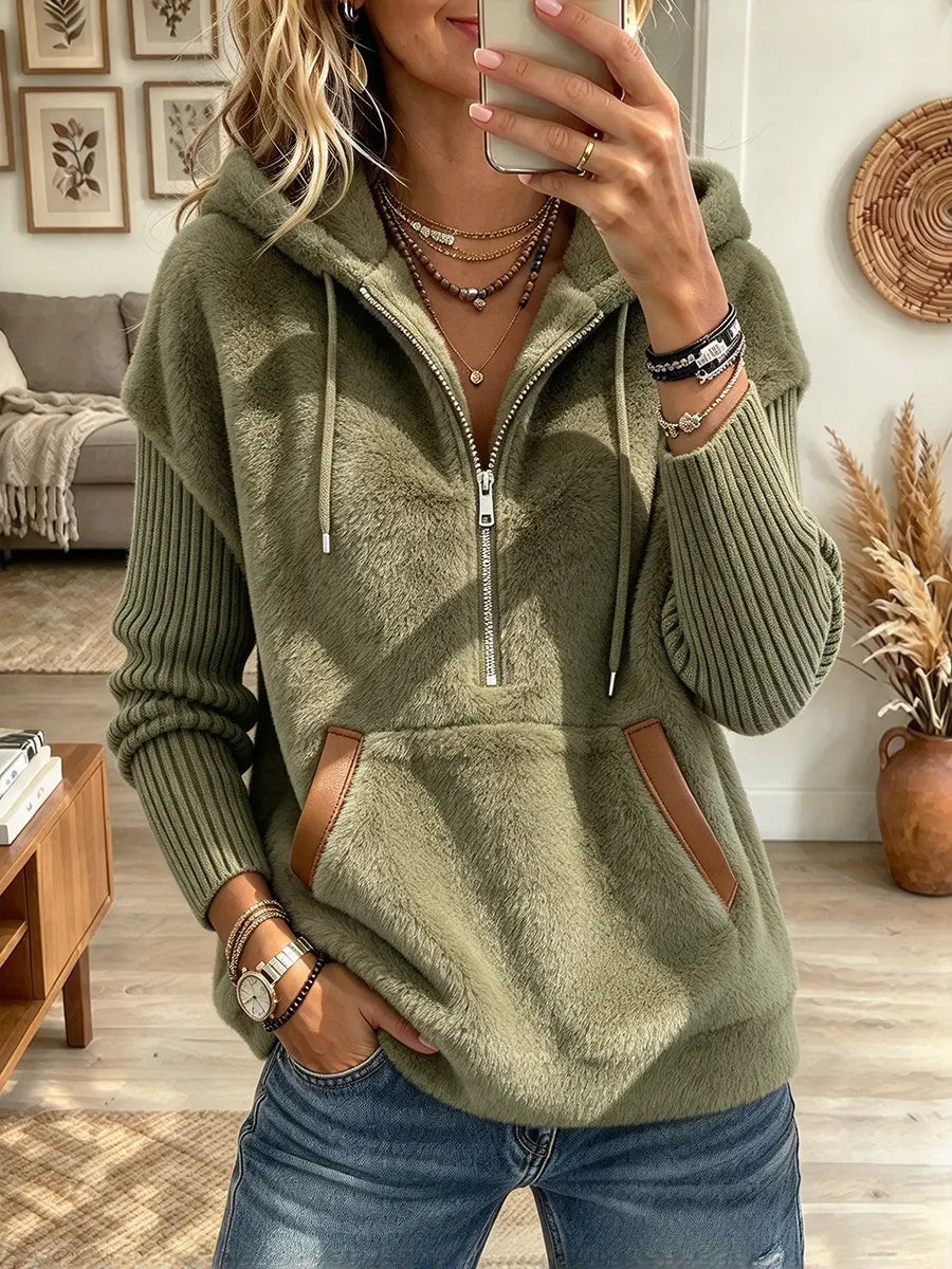 Women's Long Sleeve Rib Knit Sleeve Drawstring Hooded Sweatshirt