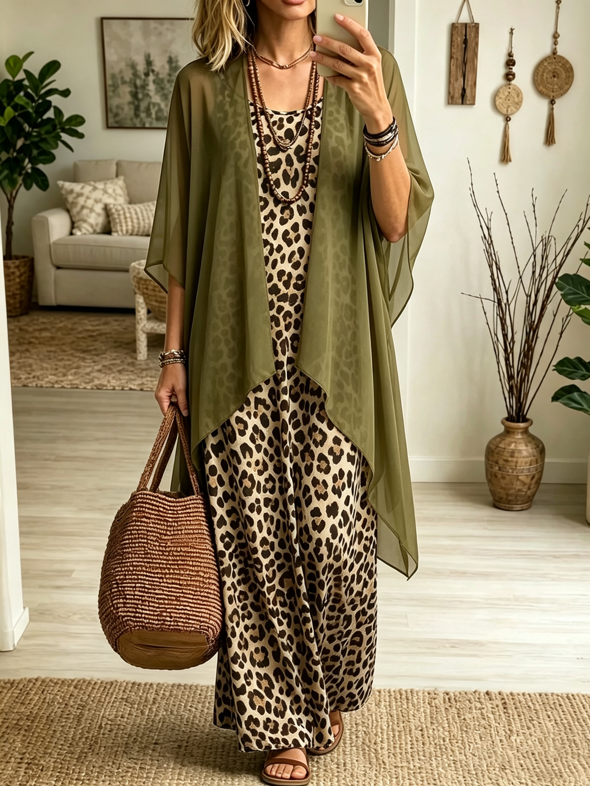 Women's Leopard Maxi Dress and Cardigan Set