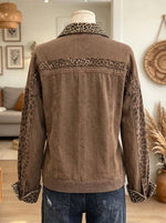 Women's Leopard Trim Button-Down Denim Shirt Jacket