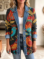 Funny Chicken Pattern Art Casual Denim Patchwork Stylish Long Sleeve Coat
