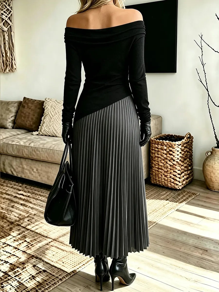 Women's Elegant Patchwork Asymmetric Ruffled Off-shoulder Long-sleeve Maxi Dress