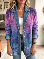 Retro Floral Pattern Art Casual Denim Patchwork Stylish Long Sleeve Coat