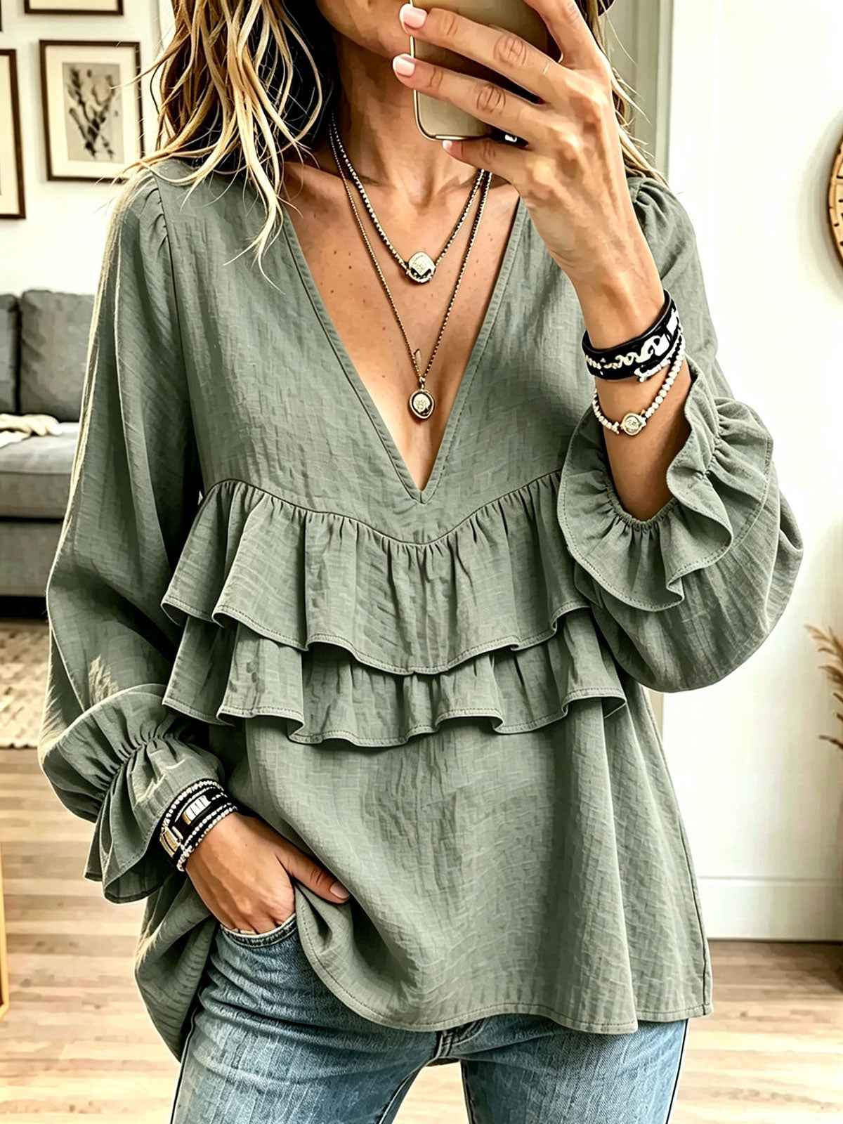 Women V‑Neck Double Ruffle Flounce Long Puff Sleeve Blouse Top