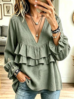 Women V‑Neck Double Ruffle Flounce Long Puff Sleeve Blouse Top