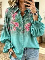 Women Leopard Floral Gradient Ruffle Balloon Sleeve Button‑down Shirt