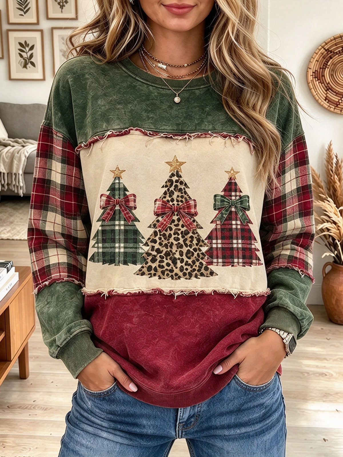 Women's Colorblock Christmas Tree Patchwork Sweatshirt with Plaid Details