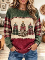Women's Colorblock Christmas Tree Patchwork Sweatshirt with Plaid Details