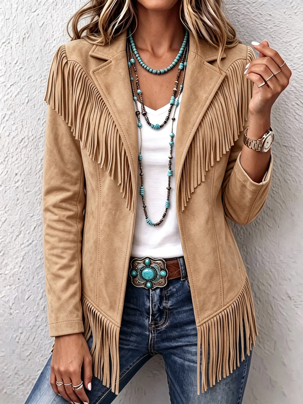 Women Western Faux Suede Fringe Lapel Long Sleeve Jacket
