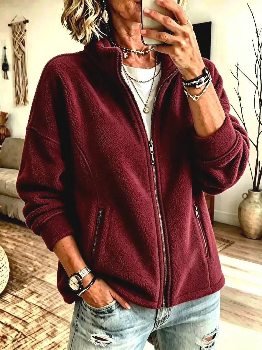 Cozy Warm Fleece Zip Art Casual Stylish Long Sleeve Coat