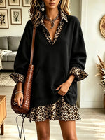 Women's Leopard Contrast Trim Oversized Sweatshirt Dress