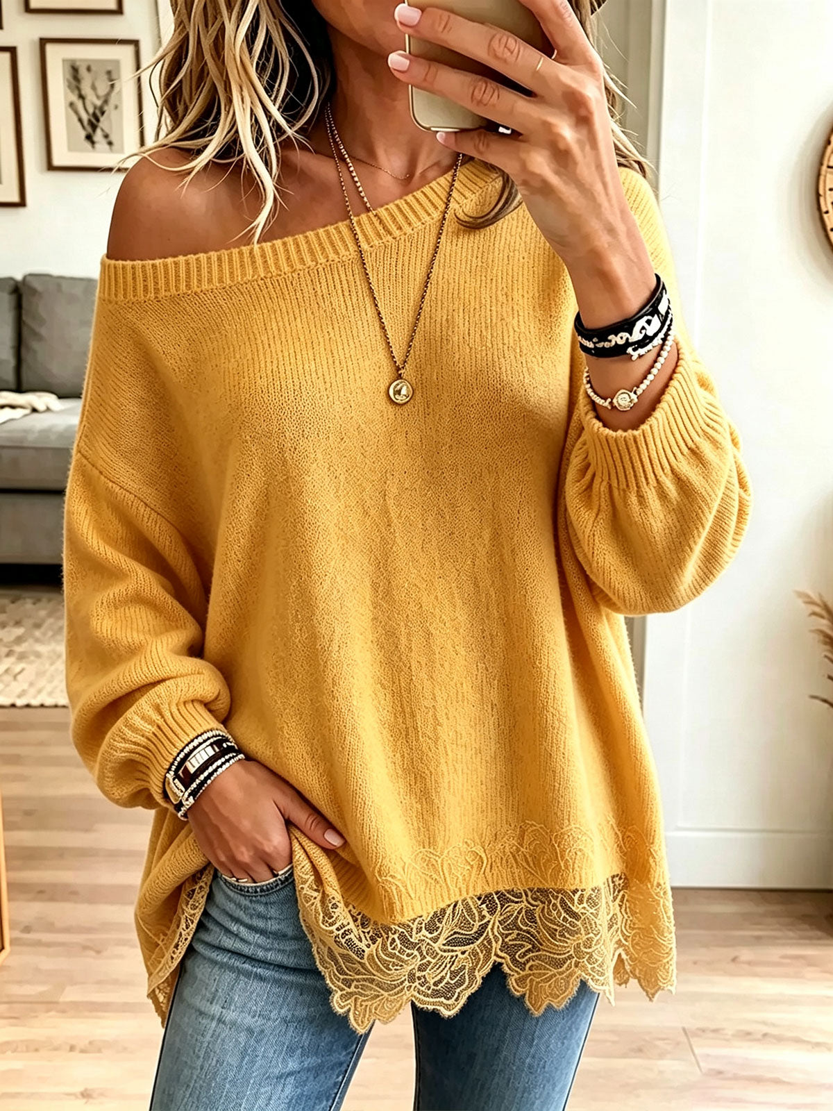 Women Off‑Shoulder Lace Hem Loose Knit Sweate