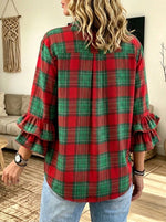 Women Christmas Red Green Plaid Ruffle Flare Sleeve Button‑Down Blouse
