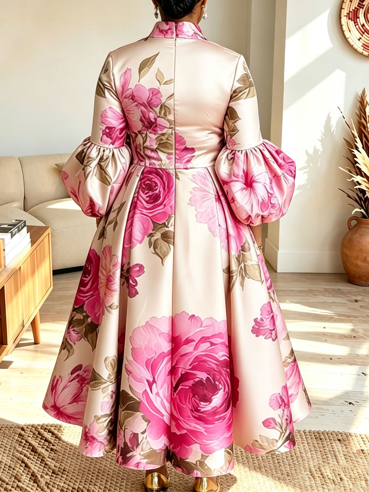 Women Floral Print Mock Neck Puff Sleeve A‑Line Midi Dress