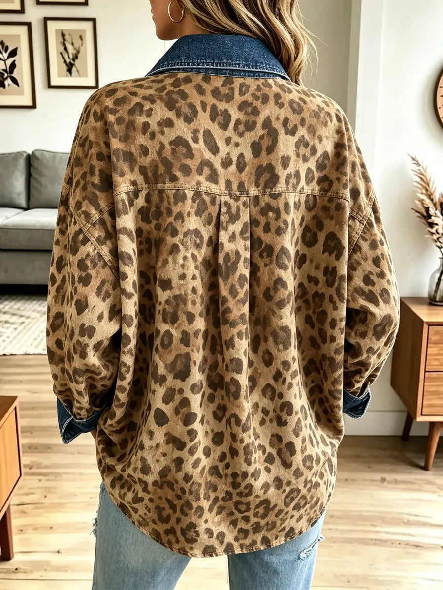 Retro Leopard Pattern Art Casual Stylish Long Sleeve Denim Patchwork Shirt