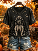 Women's Hooded Skeleton Dog Graphic V-Neck T-Shirt