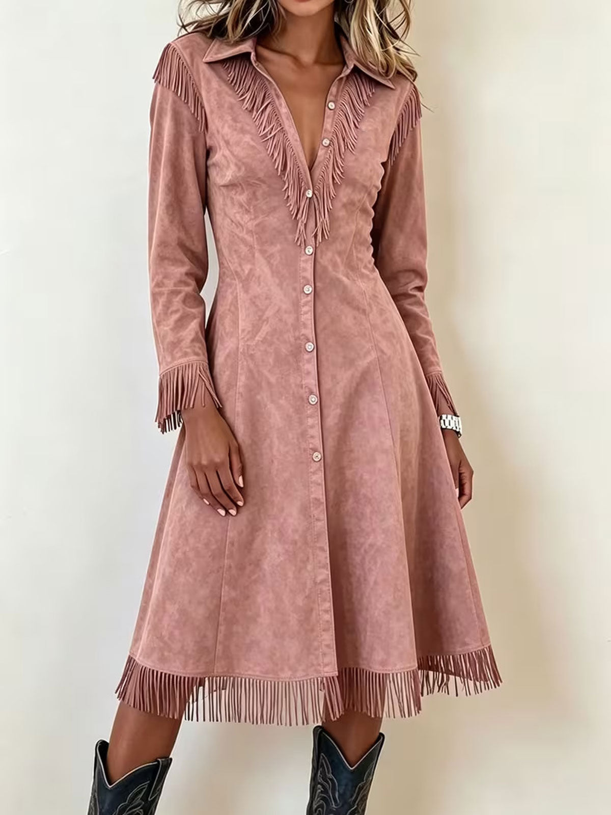 Women Western Faux Suede Fringe Long Sleeve Midi Shirt Dress
