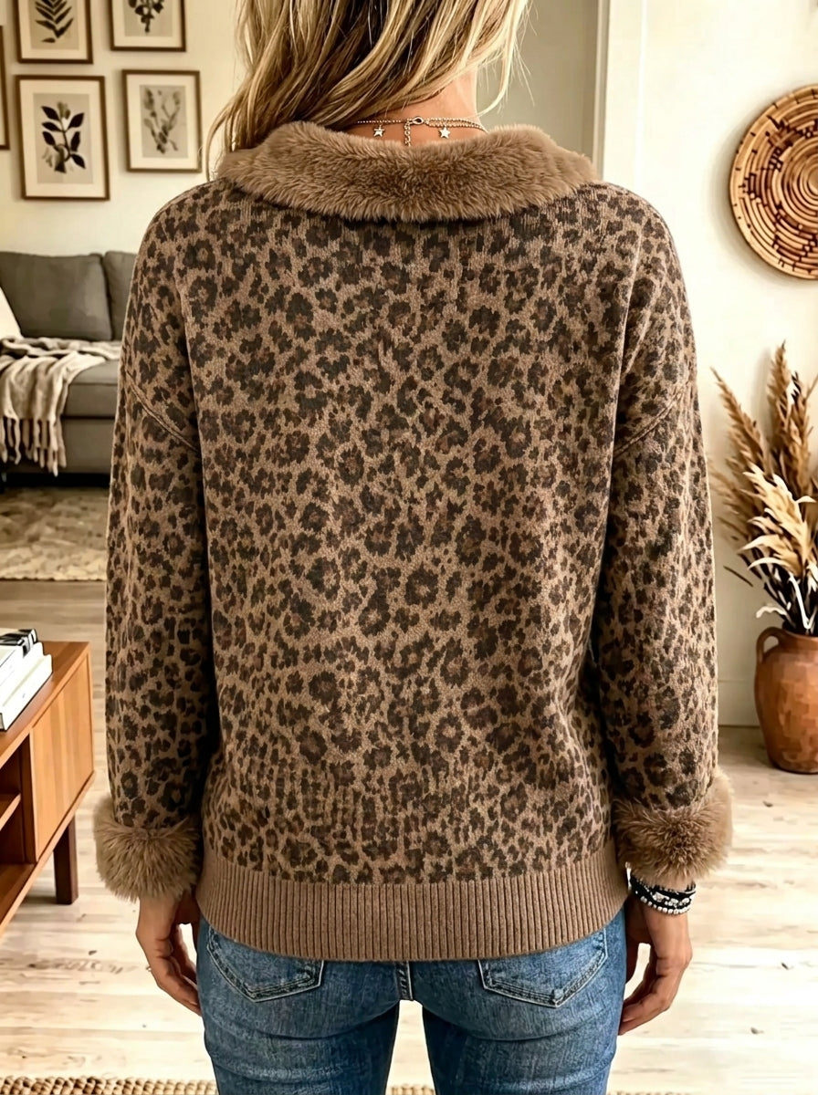 Women's Leopard Knit Faux Fur Trim Polo Sweater