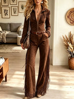 Women's Western Fringe Full-Zip Suede Jumpsuit