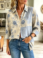 Retro Floral Pattern Art Print Casual Stylish Long Sleeve Cotton Linen Shirt