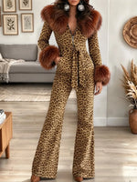 Women's Retro Leopard Print Bohemian Frayed Corduroy Jumpsuit