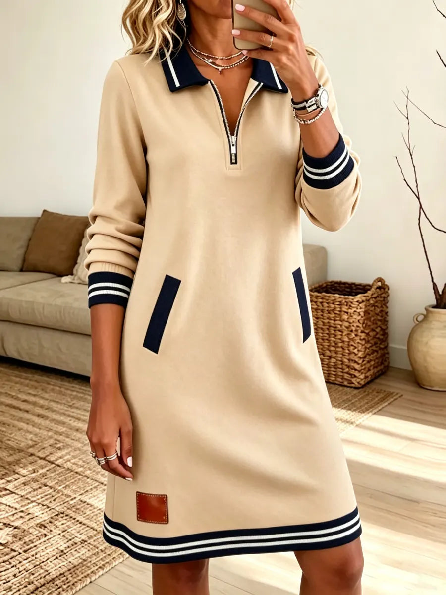 Retro Lapel Zip Art Casual Stylish Long Sleeve Sweatshirt Dress