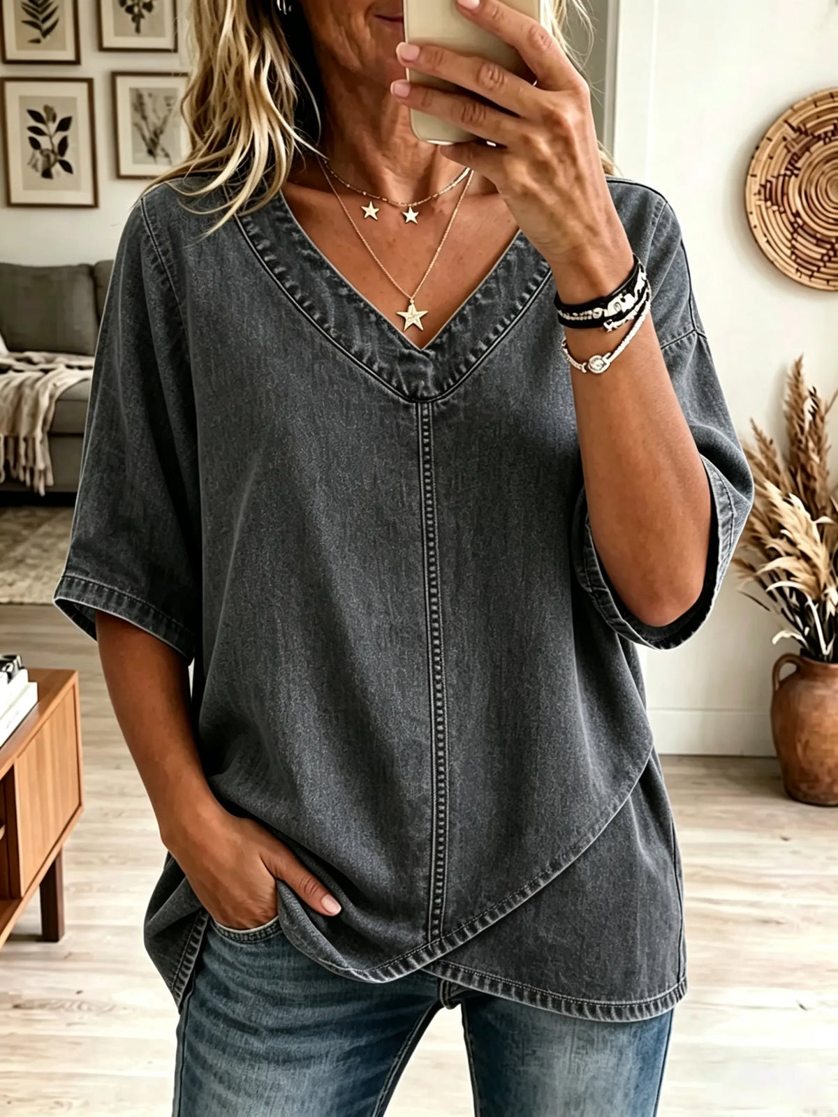 Women's V-Neck Crossover Hem Denim Top