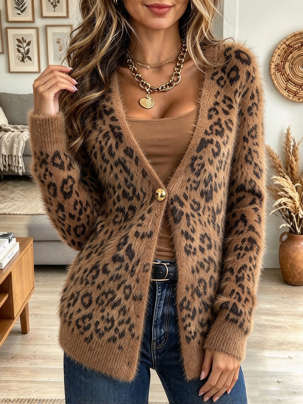 Women's Brown Leopard Print Fuzzy Knit Cardigan Sweater with Single Button