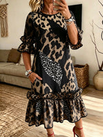 Women Leopard Print Ruffle Bell Sleeve Midi Dress With Side Pockets