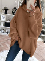 Women Oversized Turtleneck Ribbed Knit Slit Hem Sweater