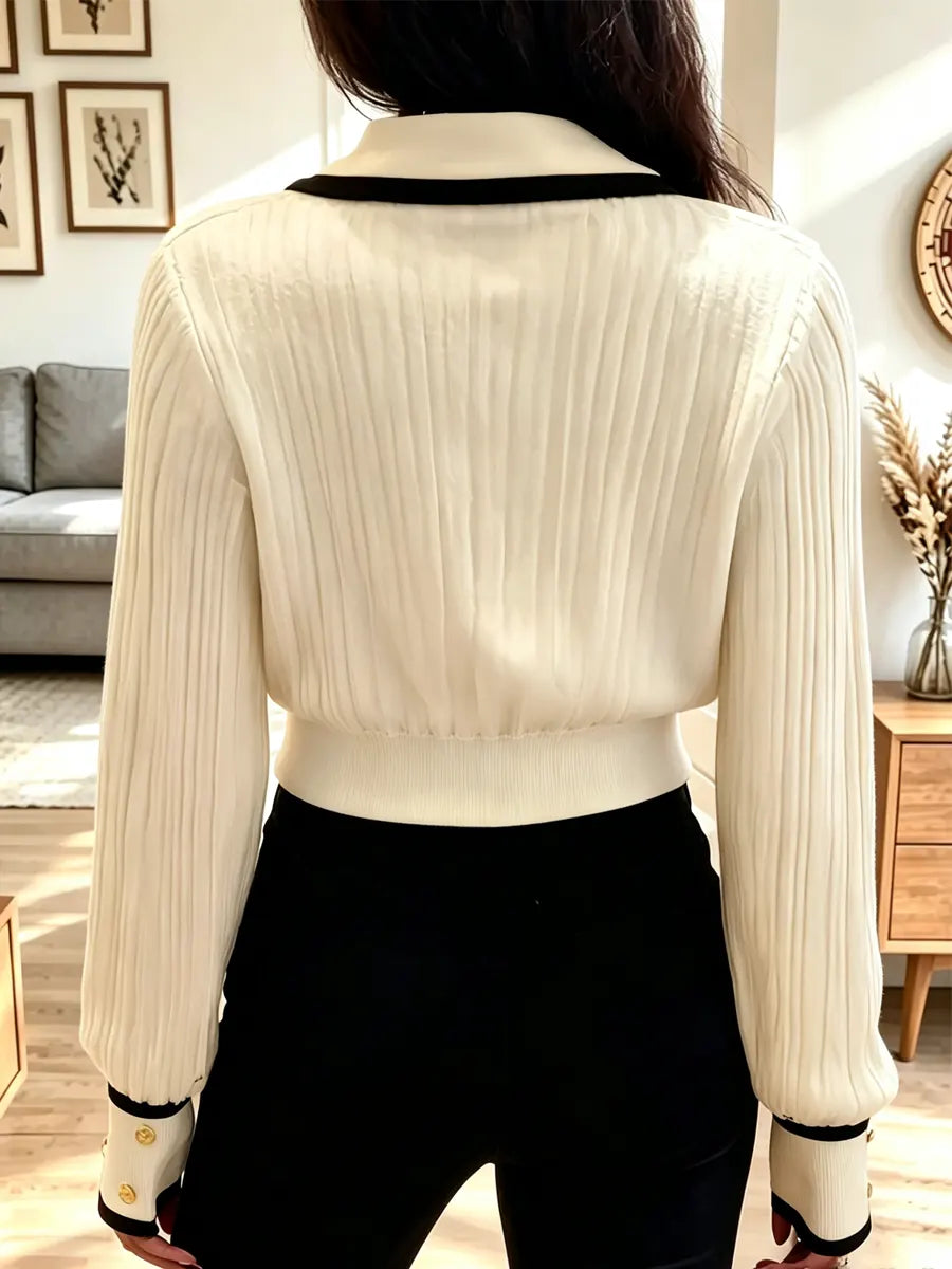 Vintage Chic Contrast Lapel Knit Art Casual Stylish Long Sleeve Sweater