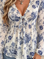 Retro Floral Pattern Art Print Casual Stylish Long Sleeve Mesh V Collar Shirt