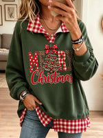 Women Merry Christmas Tree Print Plaid Fake Two Piece Sweatshirt