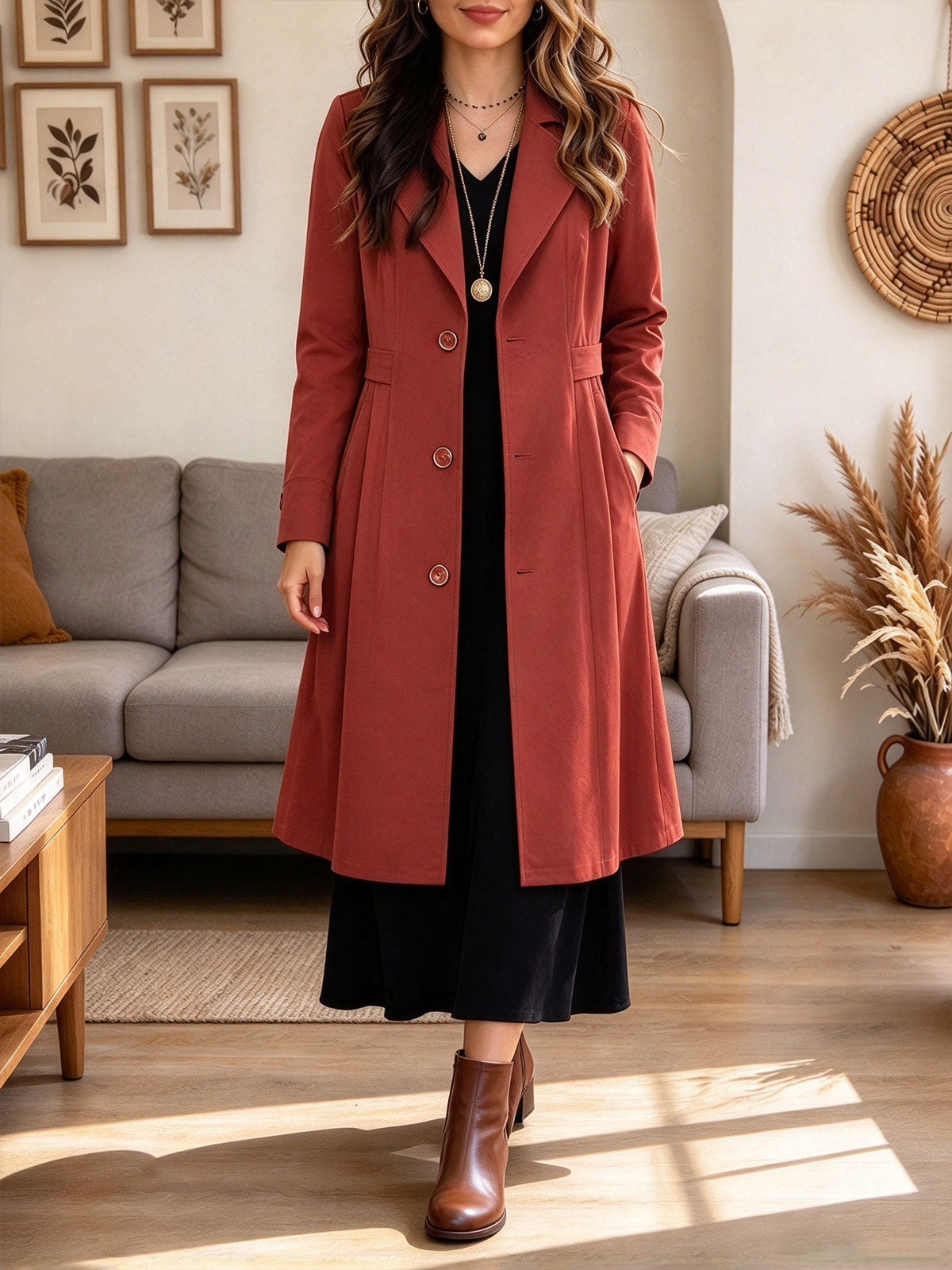 Women's Rust Red Double-Breasted Trench Coat with Lapel Collar