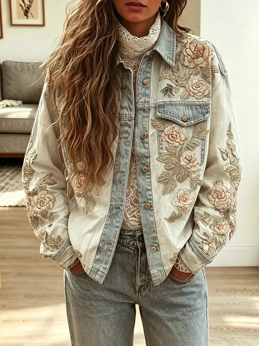 Retro Floral Pattern Art Casual Stylish Long Sleeve Denim Coat