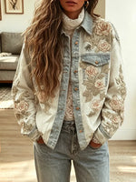 Retro Floral Pattern Art Casual Stylish Long Sleeve Denim Coat