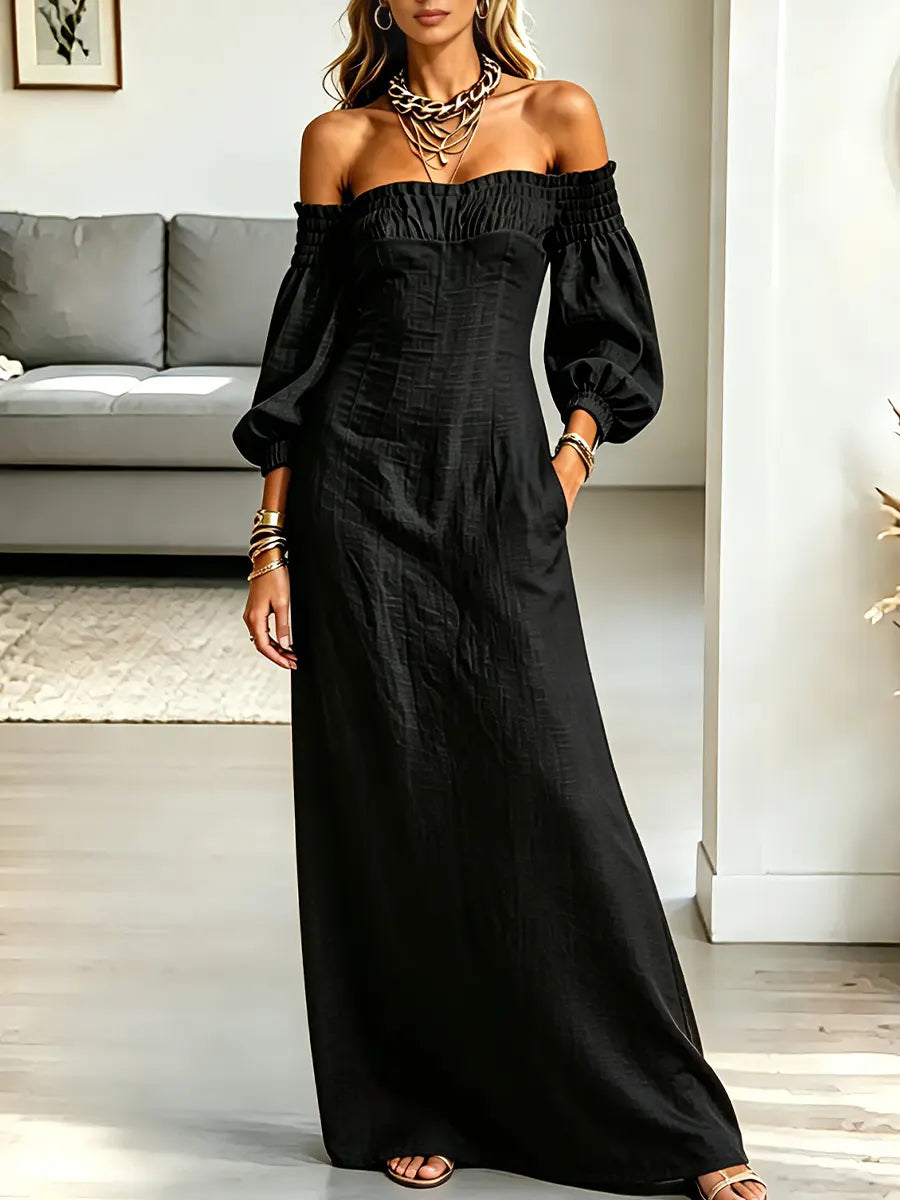 Vintage Elegant Off-the-shoulder Puff Sleeve Maxi Dress