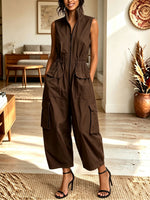 Women Sleeveless Zip Front Elastic Waist Cargo Wide Leg Jumpsuit